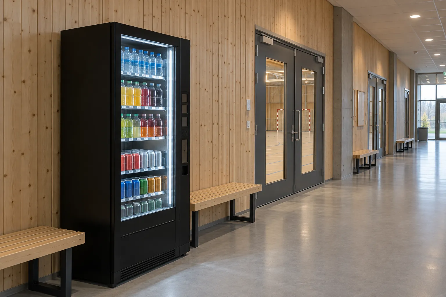 Gang i en idrettshall med en automat for kalde drikker mot en vegg av lyst trepanel. Benker står langs veggen, og dører leder inn til hallen.