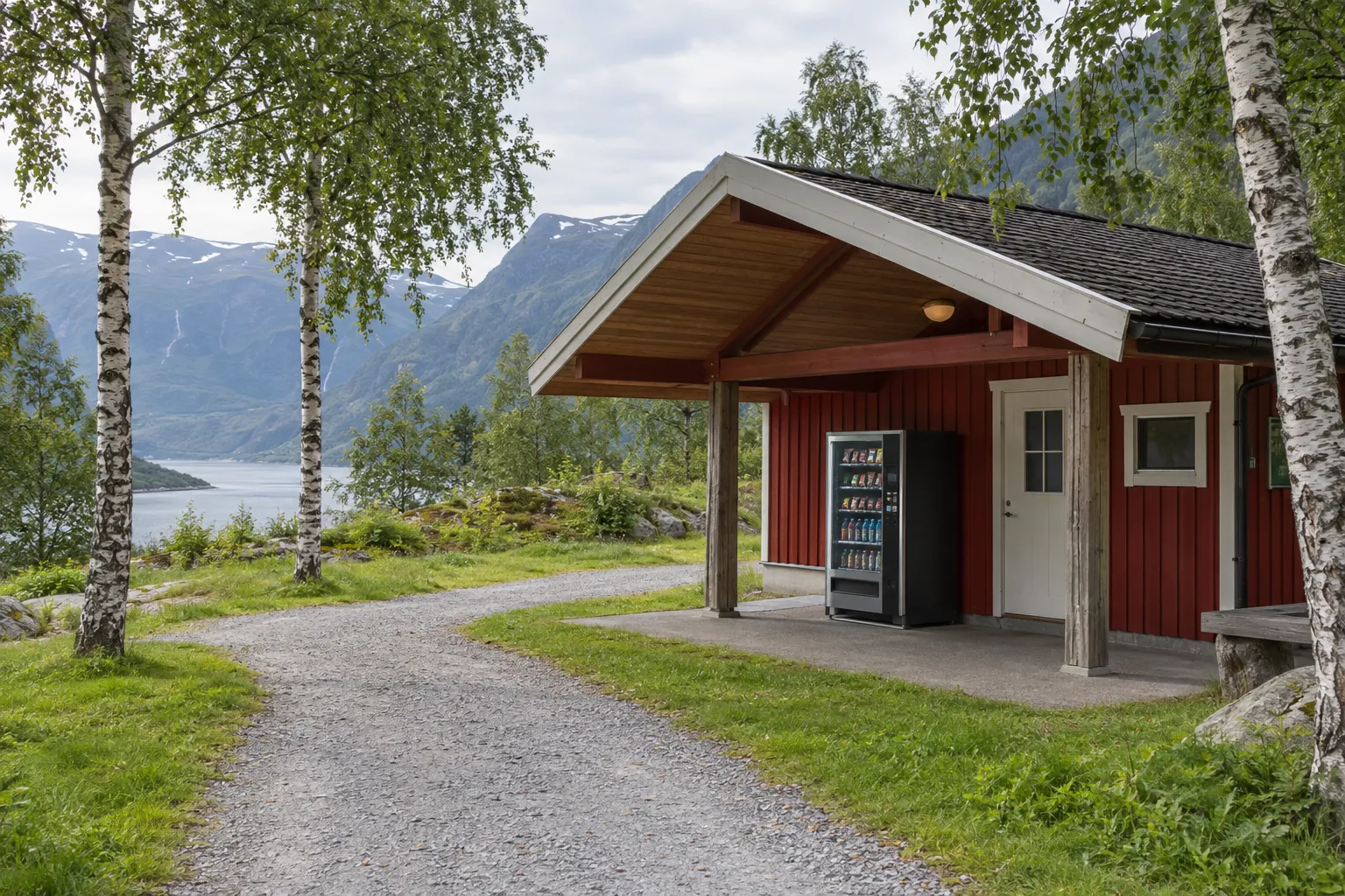 Rødmalt servicebygg på en campingplass en sommerdag, med en automat for snacks og drikke under takutstikket. I bakgrunnen ses bjørketrær, en fjord og fjell.