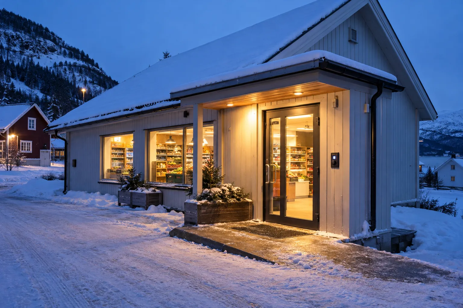 Liten dagligvarebutikk i et norsk tettsted i blåtimen, med snø på taket og opplyst inngang med kortleser ved døren. Ingen personer er synlige.