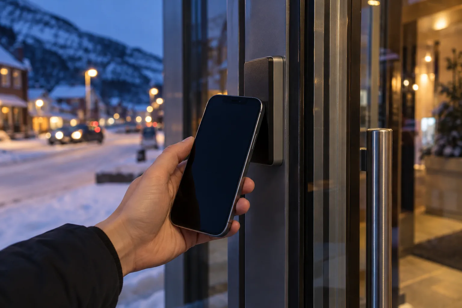 Nærbilde av en hånd som holder en mobiltelefon mot en kortleser ved en glassdør, med snødekt gate i skumringen utenfor.
